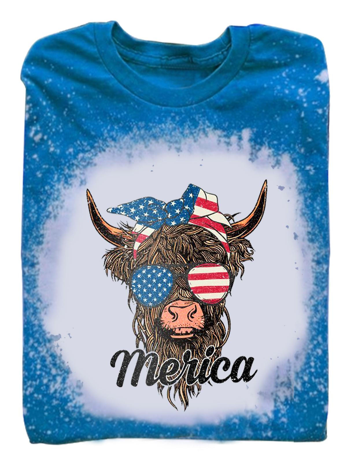 Women's Crewneck Tie Dye Highland Cow American Flag Print Top