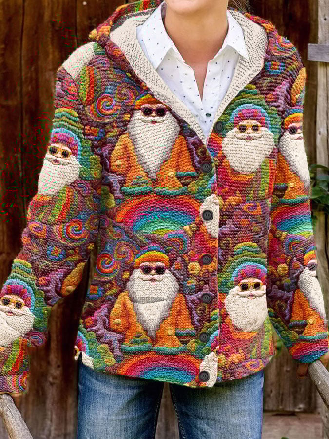 Women's Retro Santa Print Hooded Jacket