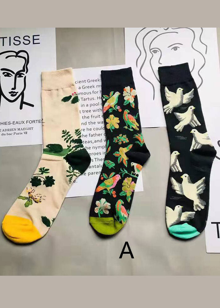 Women Jacquard Paitings Cotton Mid Calf Socks