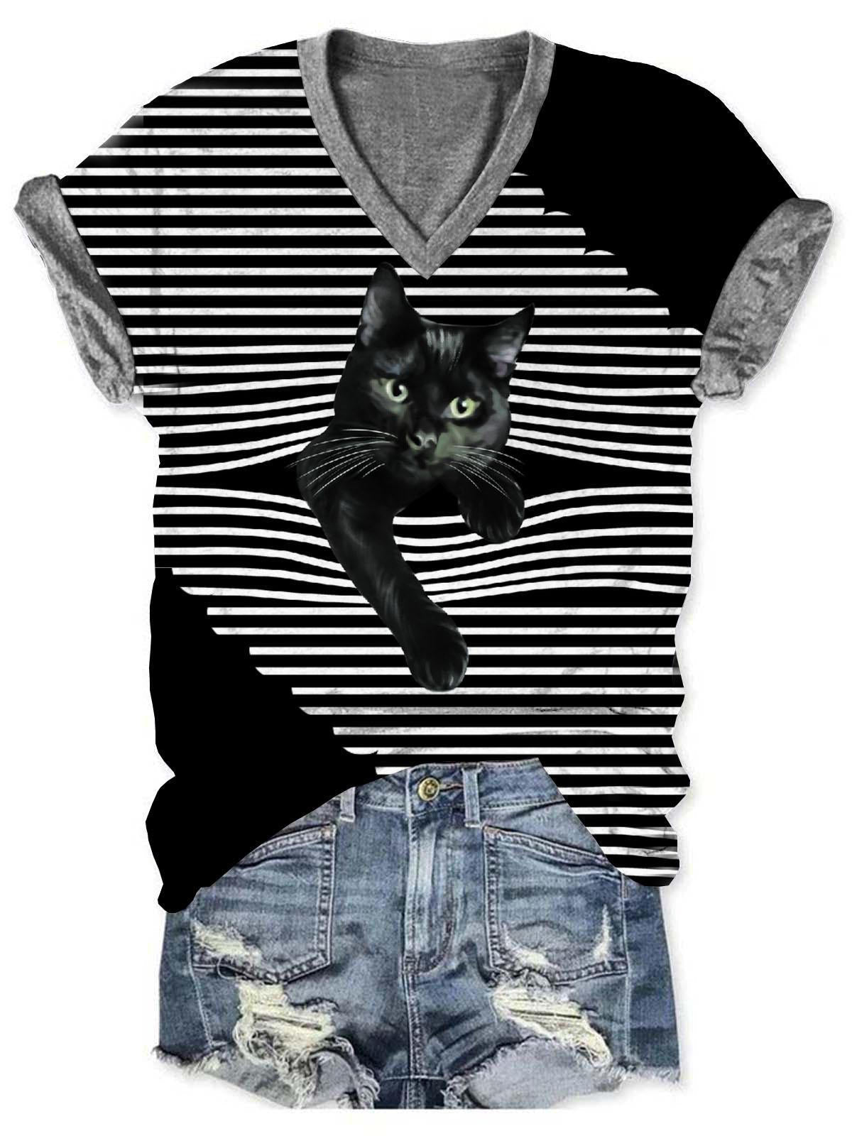 Women's Artistic Stripe Cat V-Neck T-Shirt