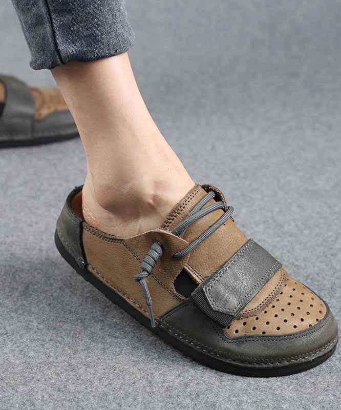 Fine Chocolate Lace Up Hollow Out Cowhide Leather Slippers