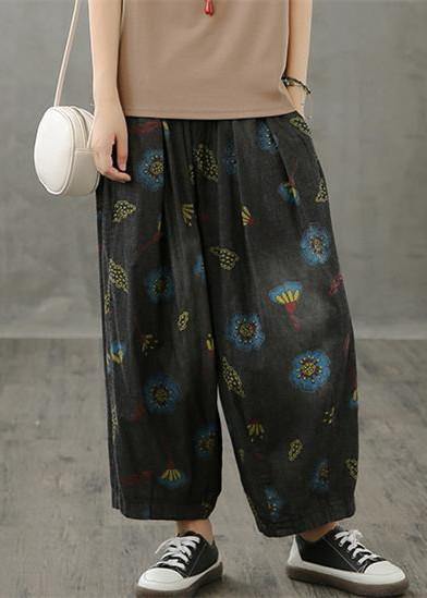 Literary plus size wide-leg pants 2021 autumn new thin yellow printed straight-leg pants
