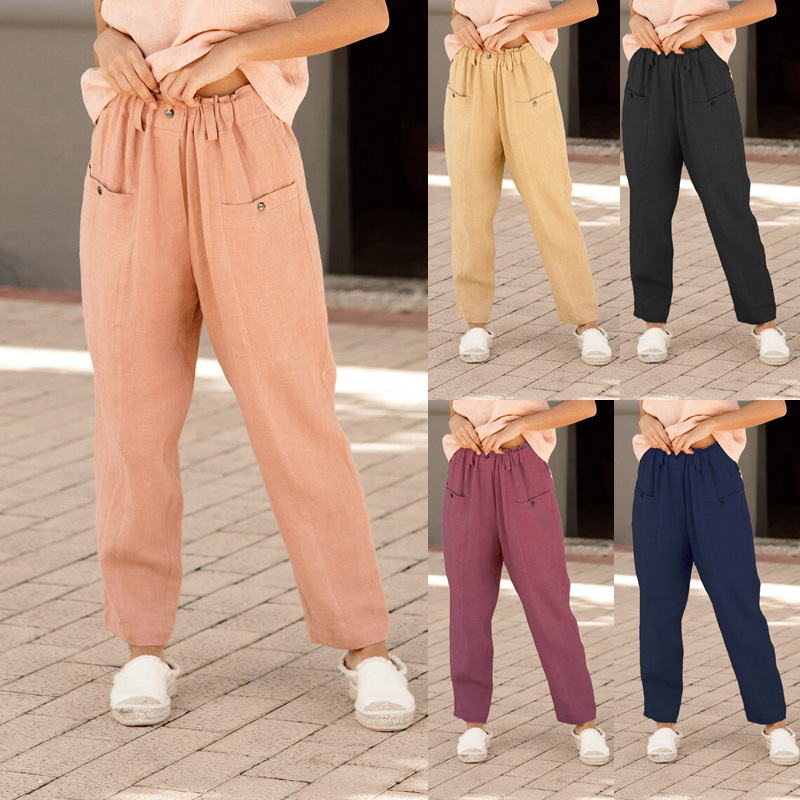 Woman's Button cotton and linen elastic waist casual pants