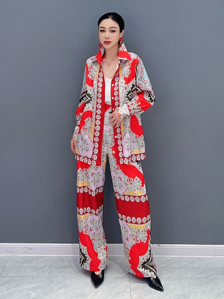 Classy Chic Red Indie Folk Long Sleeve Top & Loose Fit Pants 2-Piece Set