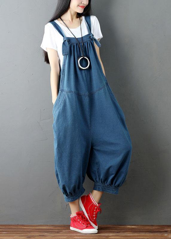 Women Blue Pockets Button Fall Casual Cotton Romper