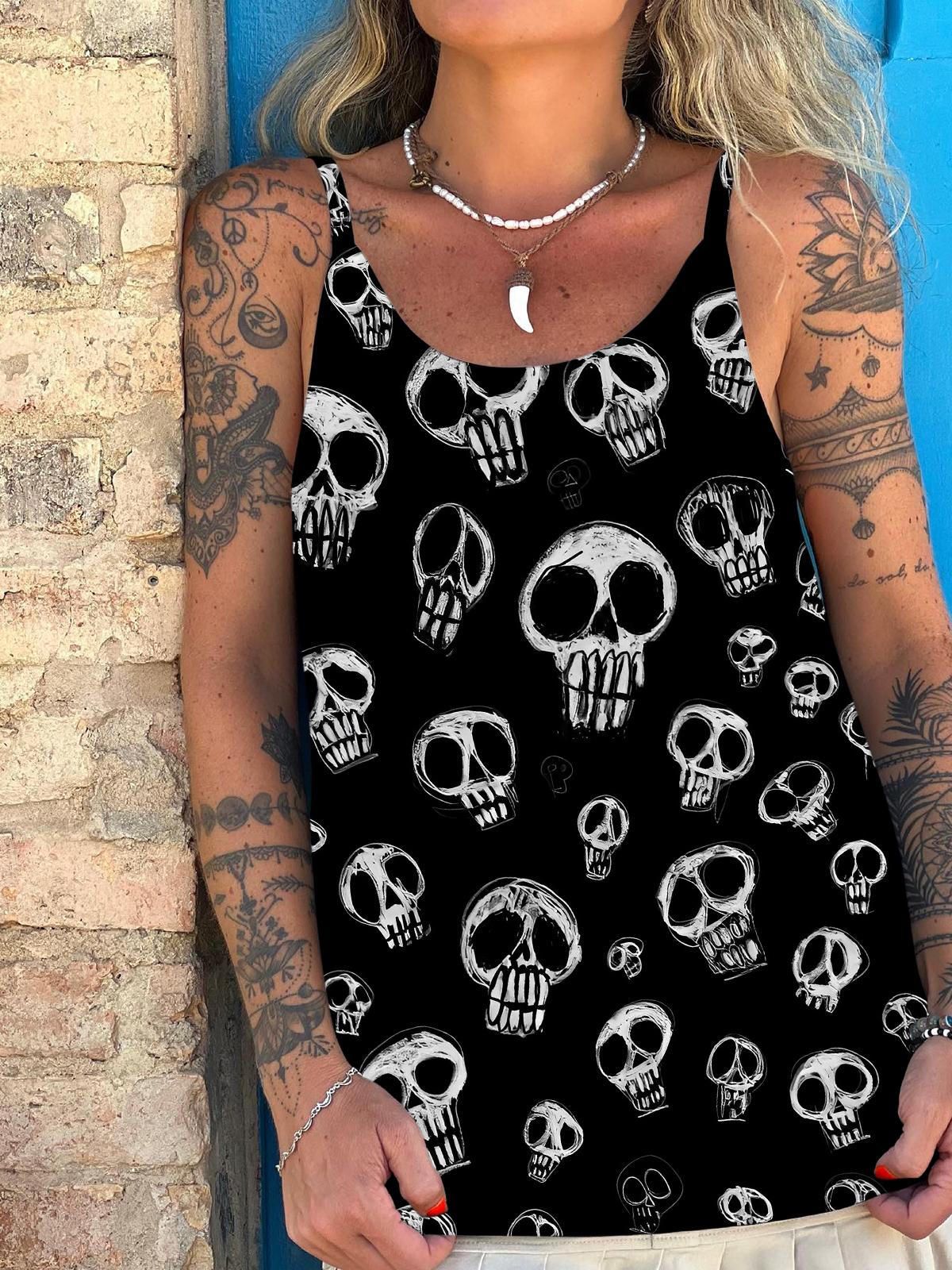 Skull Print Spaghetti Straps Tank Top