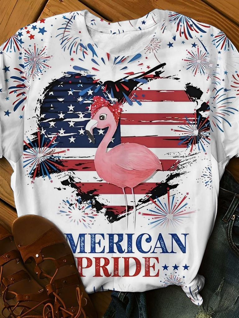 American Flag Flamingo Print Crew Neck T-Shirt
