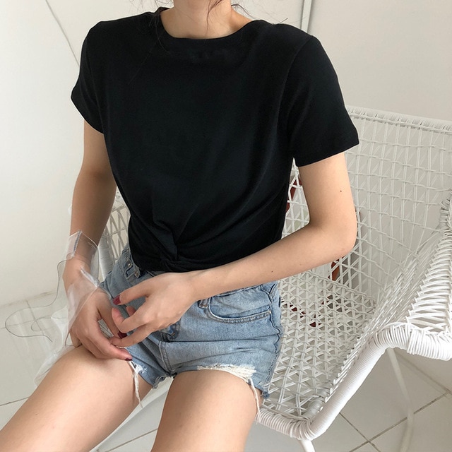 Short Sleeve Cotton Front Knot T-shirts Women Solid Casual Cropped Tshirt Girls Chic Crop Tops For Female Summer