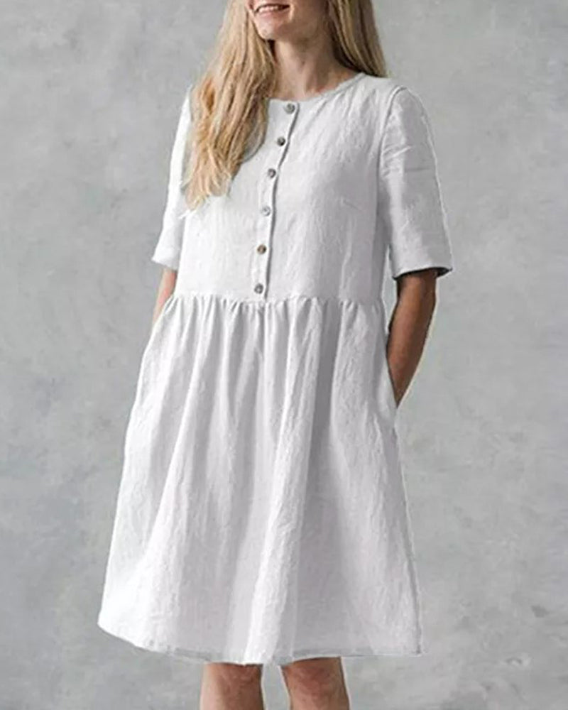 Casual Round Neck Button Long Sleeve Knee-High Dress with Pocket